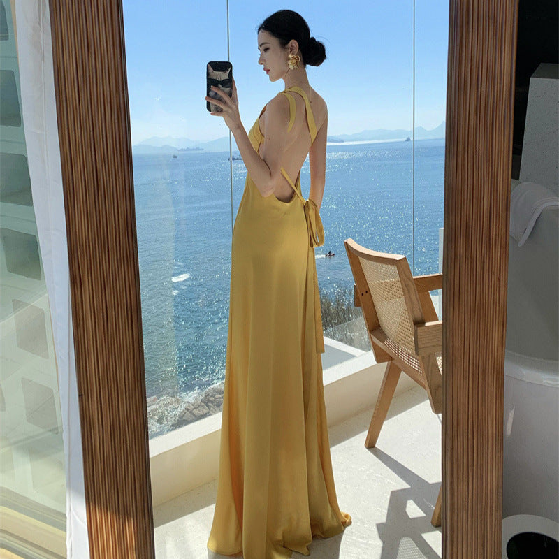 2025 retro backless yellow satin neck hanging atmosphere suspender dress long skirt desert seaside vacation photo skirt