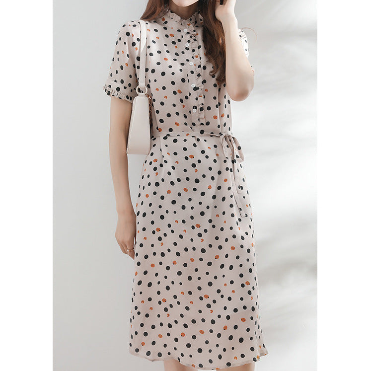 2025 Polka dot silk dress  summer new  temperament women's clothing, short-sleeved medium and long mulberry silk skirt