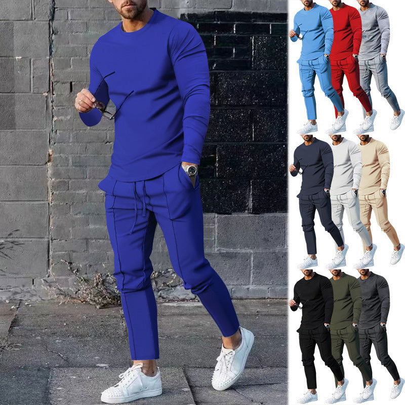 Cross-Border Men's Spring and Autumn Leisure Sports Suit   round Neck, Slim-Fit, Long-Sleeved Trousers Two-Piece Suit Men