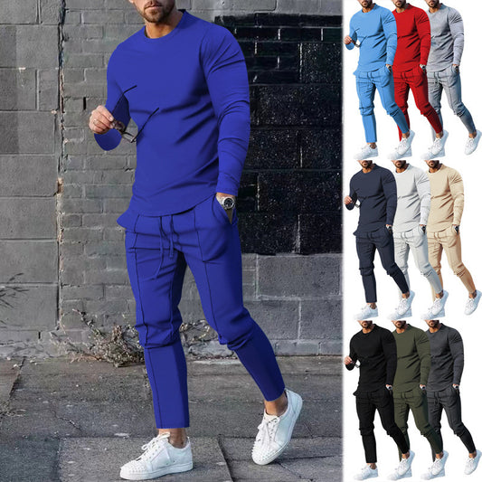 Cross-Border Men's Spring and Autumn Leisure Sports Suit   round Neck, Slim-Fit, Long-Sleeved Trousers Two-Piece Suit Men