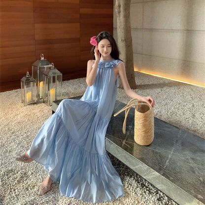 2025 Gentle water blue soft light yarn three-dimensional flower bow strap neck dress women's seaside vacation dress