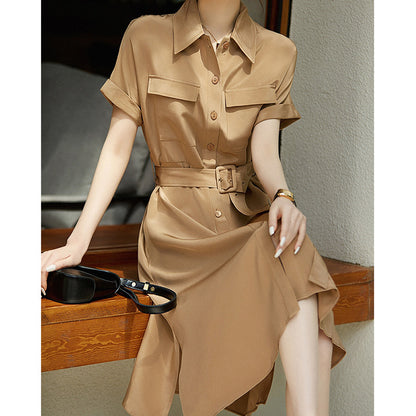 2025 30MM heavy crepe mulberry silk shirt skirt, tooling silk dress with lace-up waist commute, summer high-end women's clothing