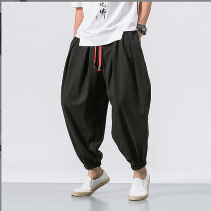 Chinese Style Japanese Style Linen Casual Pants Men's Cropped Loose Wide Leg Ankle-Tied Fat Fashion Brand plus-Sized plus Size Harem Pants