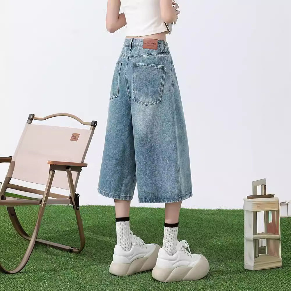 storexq Summer Thin Light Blue Cropped Pants for Women  Spring and Autumn High Waist Slimming Loose Wide Leg Small All-Matching Jeans