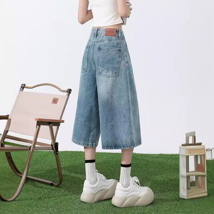 storexq Summer Thin Light Blue Cropped Pants for Women  Spring and Autumn High Waist Slimming Loose Wide Leg Small All-Matching Jeans