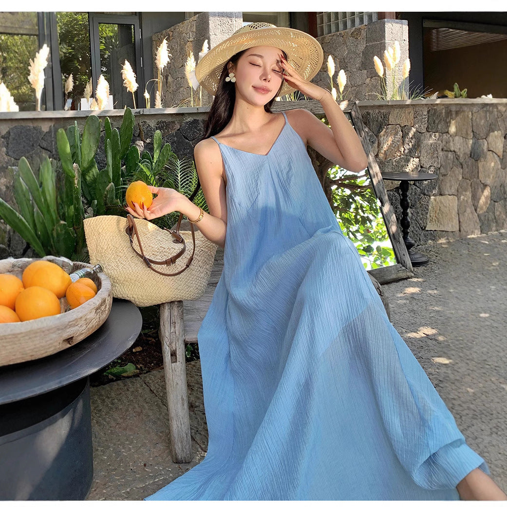 2025 Thailand travel photo suspender long dress seaside vacation loose backless blue dress women's summer beach dress