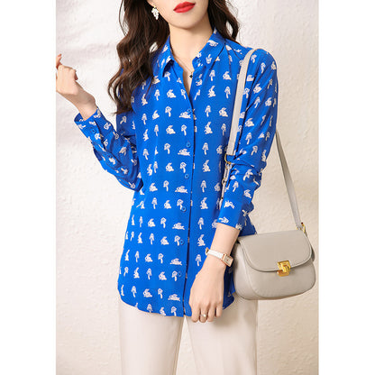 2025 Heavy silk shirt early autumn women's clothing  spring and autumn new blue printed mulberry silk shirt short top