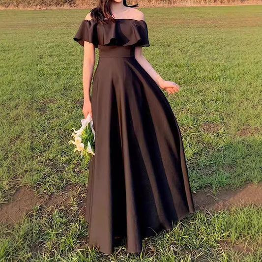 2025 Black evening dress skirt banquet temperament one-word shoulder thin long dress annual meeting high-end light luxury niche dress annual meeting