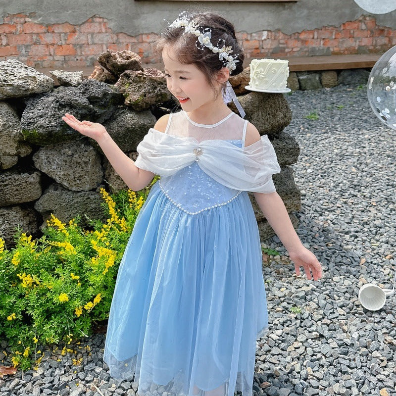 Girls' Summer New Dress Frozen Princess Elsa Dress Little Girl Pettiskirt Mesh Dress