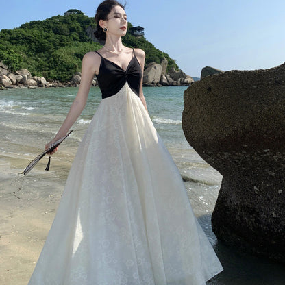 2025 Seaside travel wear new Chinese suspender dress women's island vacation beach dress temperament long dress slim skirt