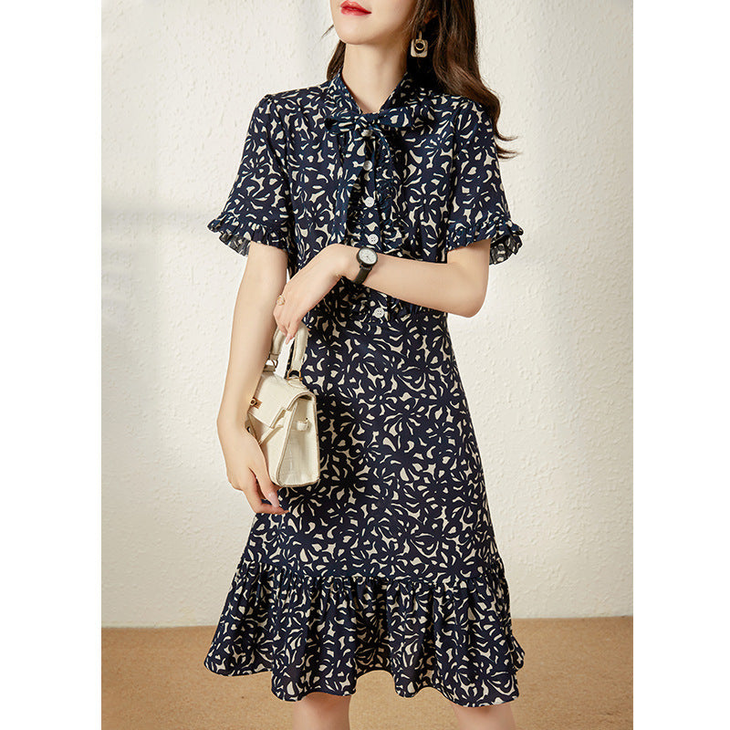 2025 Silk fishtail dress bow floral dress  summer women's clothing mulberry silk medium and long first love coffee break dress