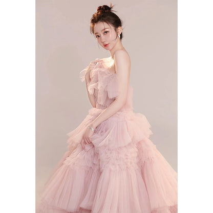 2025 Light wedding dress temperament girl studio theme wedding photography outdoor photo dress pink white color yarn tube top