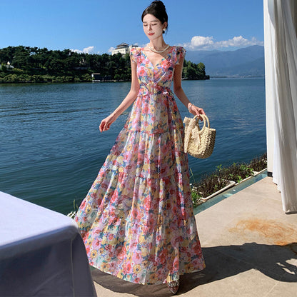 2025 Beach dress long dress elegant floral V-neck dress women's summer seaside vacation long skirt backless lace-up skirt