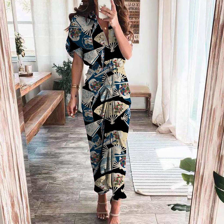 STOREXQ 2025 New 2025 trade 2025 women's clothing  autumn new short-sleeved temperament commuter high-waisted printed cardigan dress