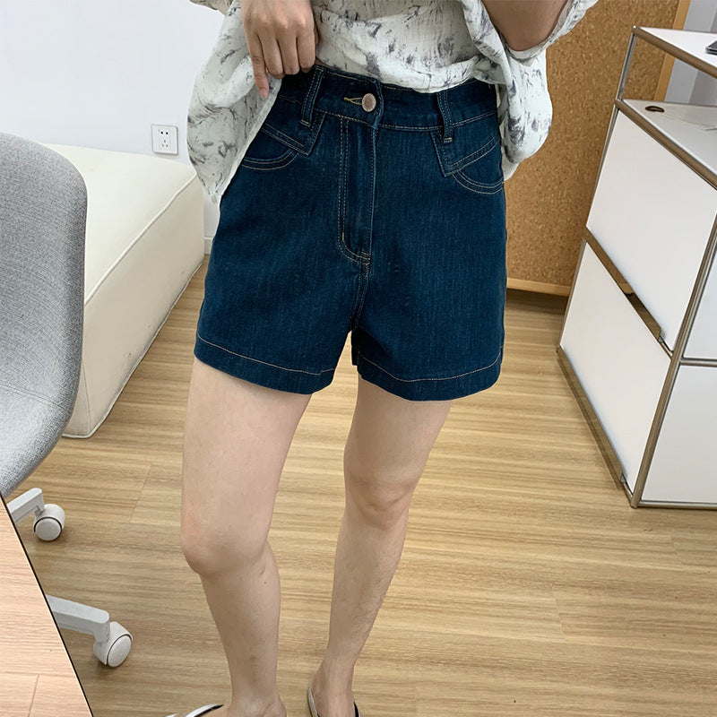 storexq Western Style Navy Blue Retro Denim Shorts Women's Summer Thin High Waist Slimming Stretch Small Wide Leg Hot Pants