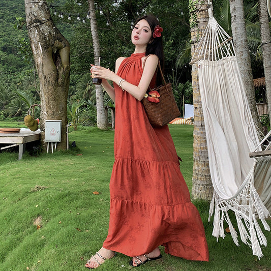 2025 New Chinese beautiful red sleeveless neck dress women's summer temperament high-end seaside vacation beach dress