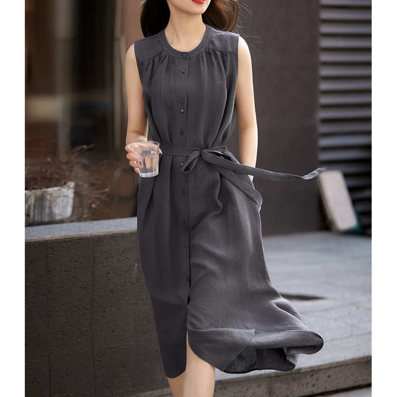 2025 Linen vest skirt, high-end lace-up waist sleeveless commuter dress, summer cotton and linen Hangzhou women's clothing