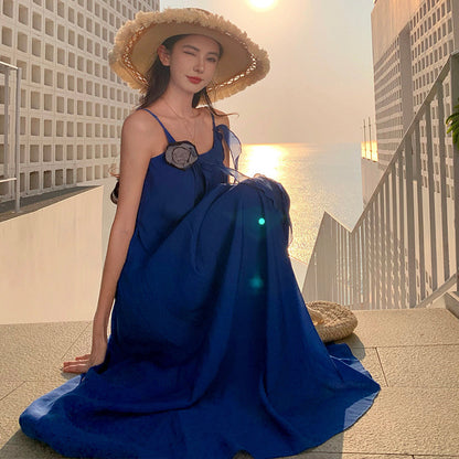 2025 Seaside film wear blue suspender dress children summer 2025 new high-end vacation beach dress