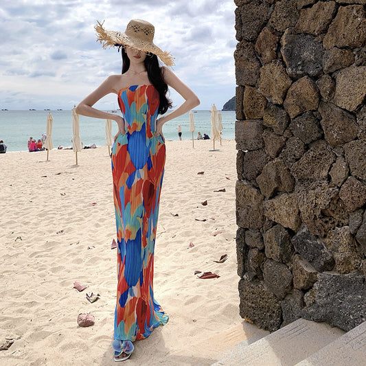 2025 Dopamine seaside vacation wear print tube top dress summer sexy royal sister temperament slim-fitting hip-wrapped dress