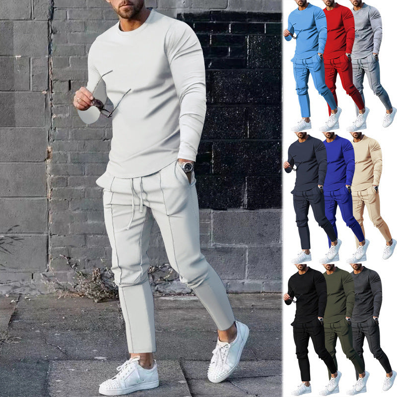 Cross-Border Men's Spring and Autumn Leisure Sports Suit   round Neck, Slim-Fit, Long-Sleeved Trousers Two-Piece Suit Men