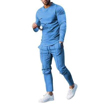 Cross-Border Men's Spring and Autumn Leisure Sports Suit   round Neck, Slim-Fit, Long-Sleeved Trousers Two-Piece Suit Men