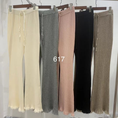 storexq Thickened Knitting Wide-Leg Pants Women's Autumn and Winter  New Draping Tassel Draggle-Tail Straight Trousers High Waist Casual Pants