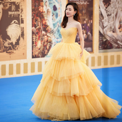 2025 Art exam evening dress female vocal advanced sense Wang Likun same yellow cake skirt runway princess tutu