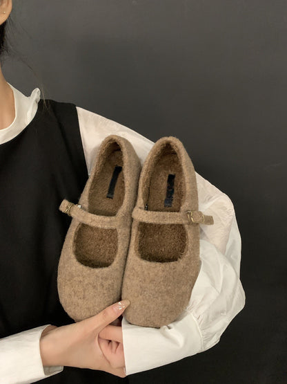 2025 Xiaoxiangfeng fluffy shoes female flat Mary Jane velvet evening breeze skirt fairy ballet fluffy shoes outer wear