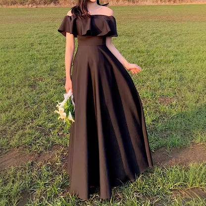 2025 Black evening dress skirt banquet temperament one-word shoulder thin long dress annual meeting high-end light luxury niche dress annual meeting