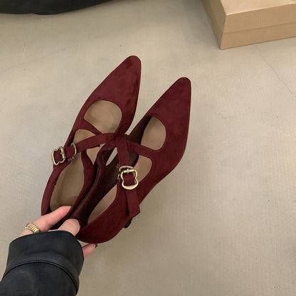 2025 premium red thin heel Mary Jane shoes women's popular autumn and winter suede temperament medium heel pointed commuter evening shoes