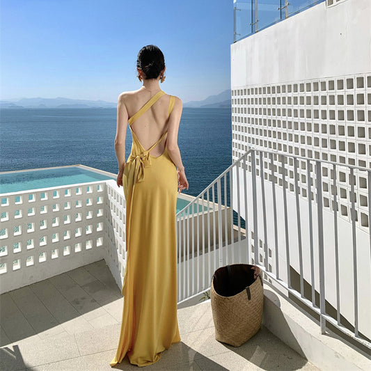 2025 retro backless yellow satin neck hanging atmosphere suspender dress long skirt desert seaside vacation photo skirt