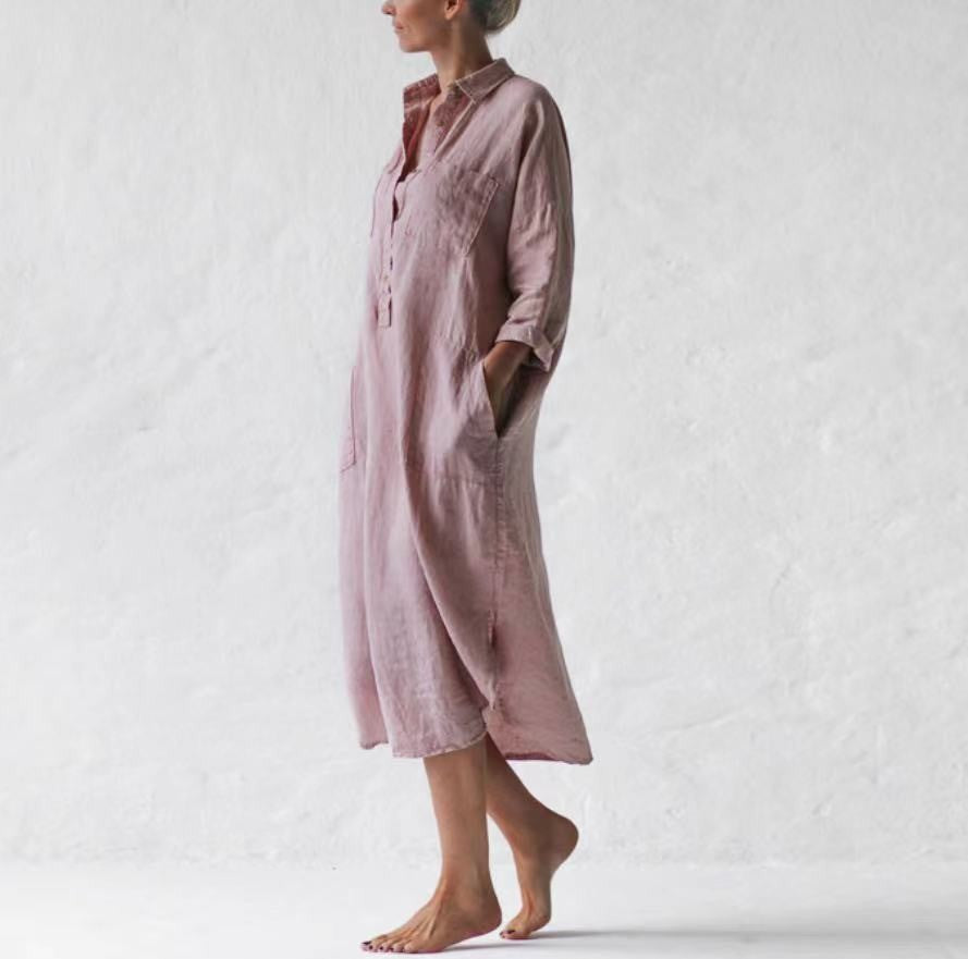 STOREXQ Cross-Border New Arrival Cotton and Linen Long Style with Medium Sleeves below the Knee Slimming Irregular Dress