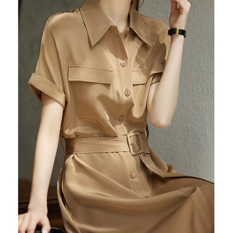 2025 30MM heavy crepe mulberry silk shirt skirt, tooling silk dress with lace-up waist commute, summer high-end women's clothing