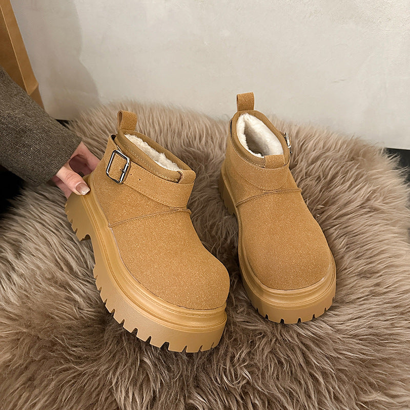 2025 Big head shoes women's platform snow boots winter new short boots non-slip warm large cotton boots