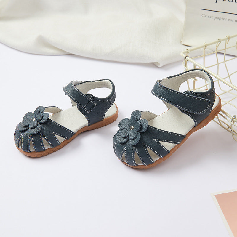 STOREXQ Girls' Closed-Toe Flower Sandals Summer Soft Soled Princess Shoes Classic Cross-Border Leather Children's Shoes