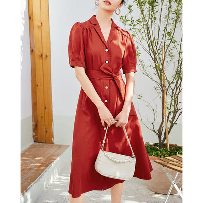 2025 Heavy mulberry silk red  dress summer wear women's clothing  summer new silk coffee break dress