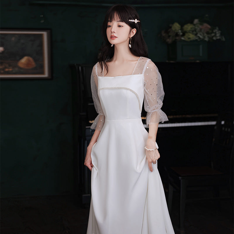 2025 White evening dress female banquet temperament can usually wear high-end light luxury niche  dress small bridesmaid clothes