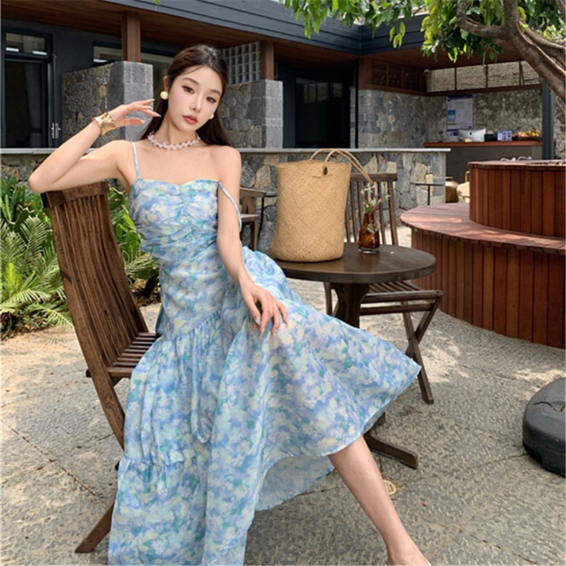 2025 Seaside travel photo floral suspender A-shaped dress spring and summer  vacation style thin waist long skirt