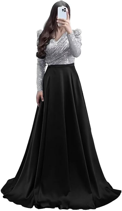 STOREXQ 2025 popular New high-waisted skirt set, base medium and long skirt, long-sleeved double-color temperament commuting deep V big pendulum dress