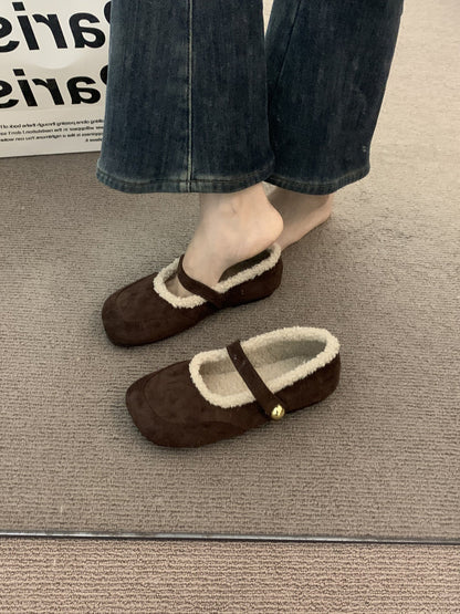 2025 Late evening wind retro brown thick-soled velvet Mary Jane shoes autumn and winter ugly cute fluffy shoes suede warm beanie cotton shoes