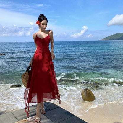 2025 retro suspender dress women's red long dress engagement dress wedding dress dress dress waist thin lotus leaf dress