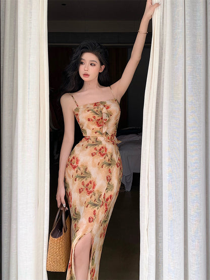 2025 coffee break falling flowers floral vacation suspender tube top dress female sexy high split ends waist thin hip skirt