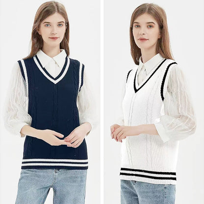 Autumn and winter V-neck twist intercolor vest college British style knitted vest striped splicing school uniform sweater knitted sweater