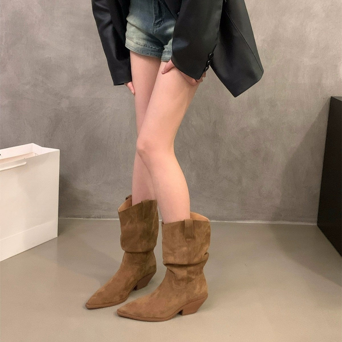 2025 High Heel Brown V-mouth Skinny Medium Knight Boots Women's Shoes popular Spring Autumn Winter Retro Suede Western Cowboy Boots