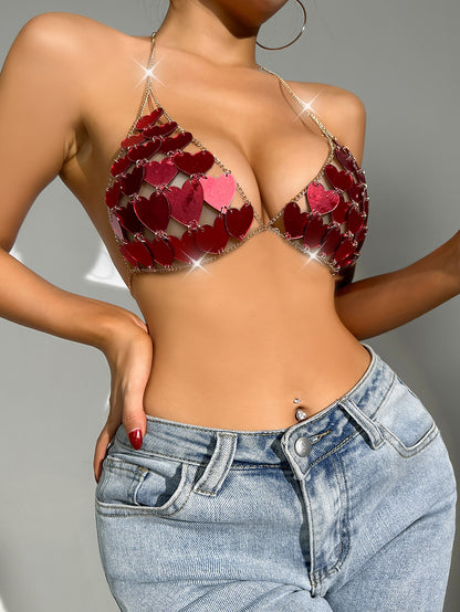 2025 3192  vest burgundy peach heart acrylic metal chain splicing neck halter top chest wrap small vest