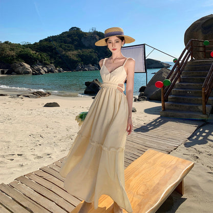 2025 Sexy pure desire wind Spice girl hollow backless V-neck suspender dress women's summer beach dress women's seaside vacation super fairy