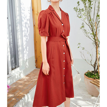 2025 Heavy mulberry silk red  dress summer wear women's clothing  summer new silk coffee break dress