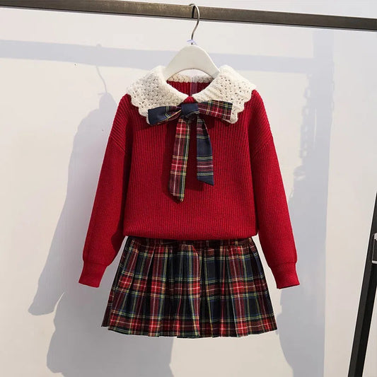 Girls knitted pullover sweater two-piece set children's autumn and winter new foreign style college style jk set pleated skirt red