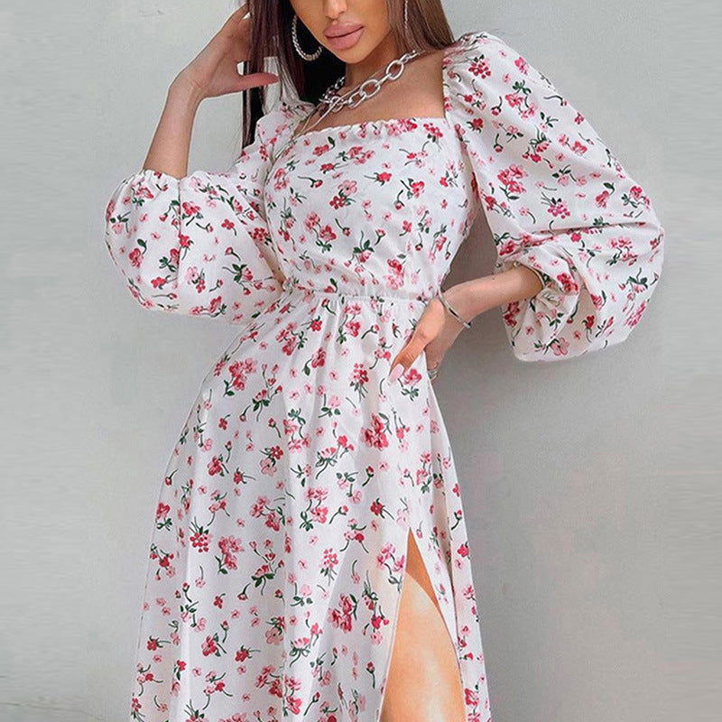 STOREXQ 2025 New autumn dress  2025 trade 2025 women's clothing elegant printed lantern sleeve split long sleeve dress