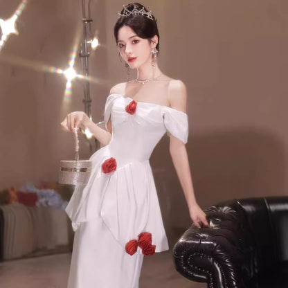 2025 White Evening Dress Sexy Celebrity Light Luxury Niche High-end Rose Flower Birthday Premium Dress Bar Mitzvah